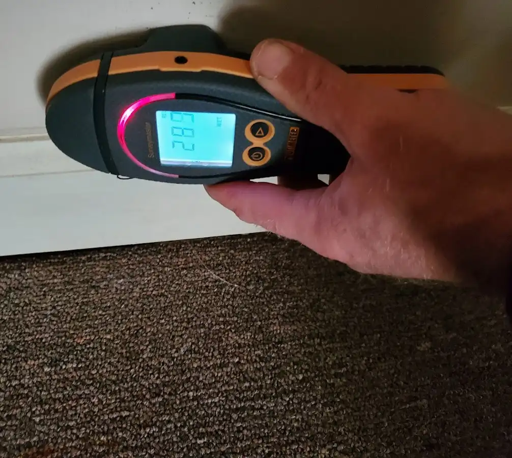 Moisture detection at baseboard during Storm Damage Restoration in Calera